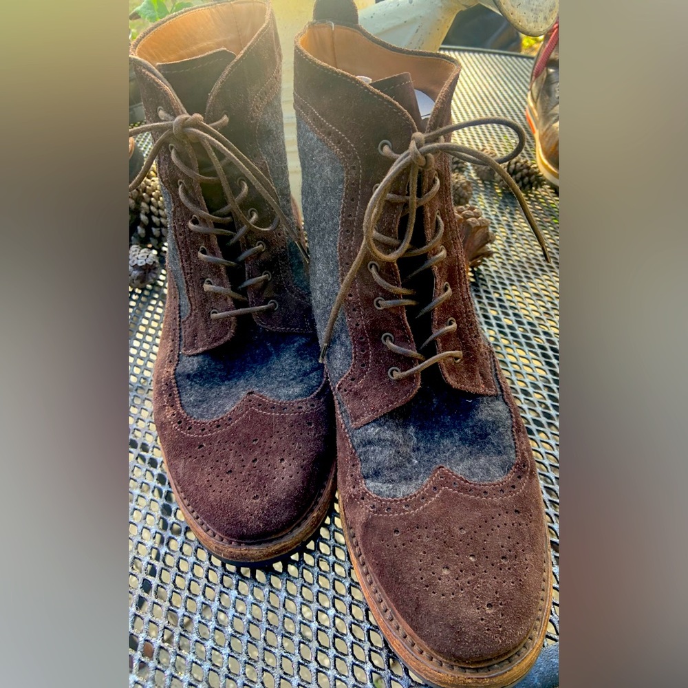 RARE-RALPH LAUREN MOATLANDS WINGTIP BROWN SUEDE/GRAY WOOL BOOTS US11D MSRL $895.